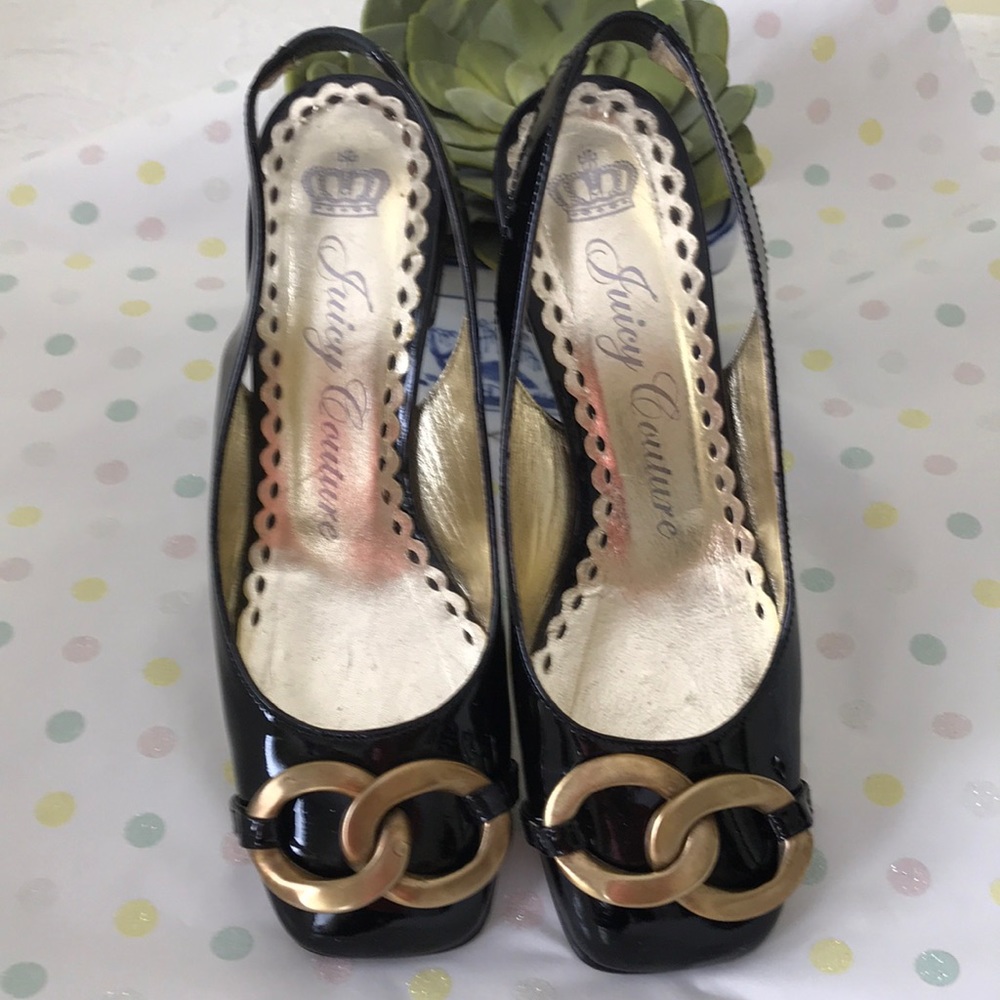 JUICY COUTURE Made in Italy Black Patent Leather Sling Back 2” Heels Size 6